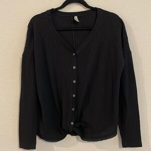 Mudd Women Button Front Shirt Large Black Y2K Retro Waffle Knit Cotton Comfy